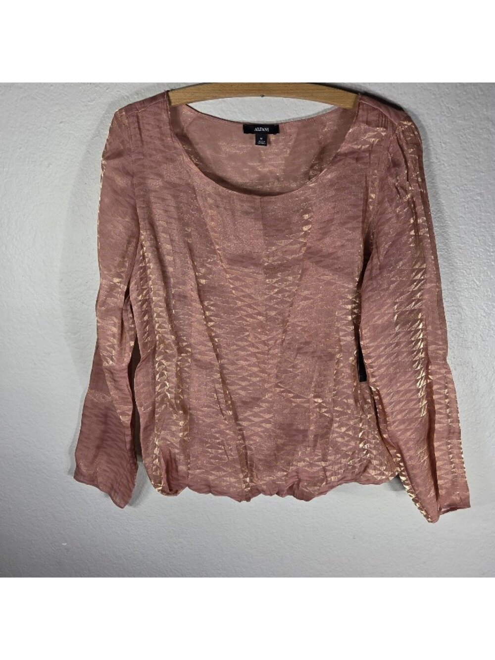 Alfani Satin Shimmer Top Blouse M Rose Gold Chiffon Camisole Lining Long Sleeve